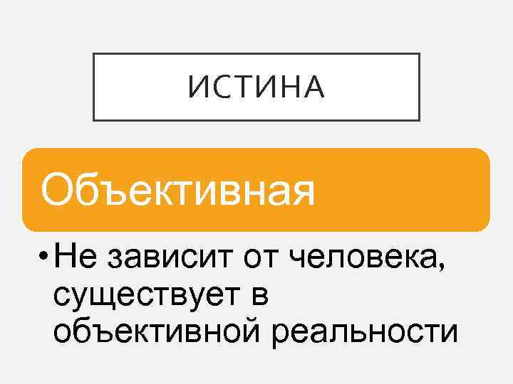 ИСТИНА Объективная • Не зависит от человека, существует в объективной реальности 