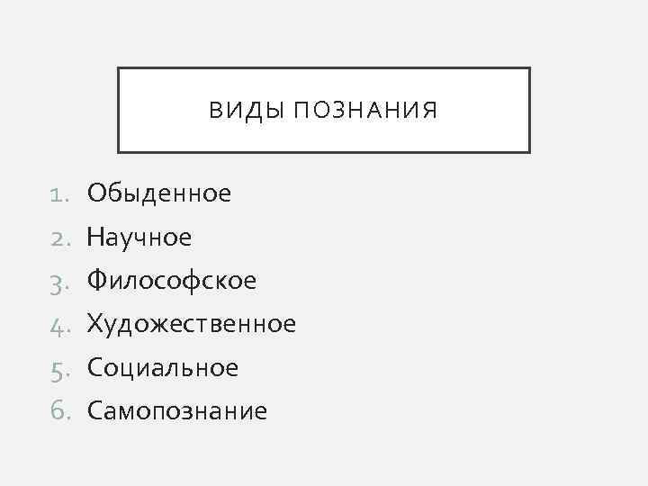 ВИДЫ ПОЗНАНИЯ 1. 2. 3. 4. 5. 6. Обыденное Научное Философское Художественное Социальное Самопознание