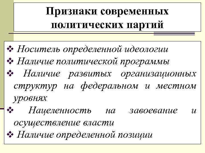 Признаки современных политических партий v Носитель определенной идеологии v Наличие политической программы v Наличие