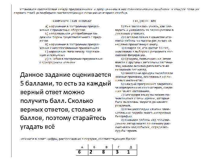 Данное задание оценивается 5 баллами, то есть за каждый верный ответ можно получить балл.