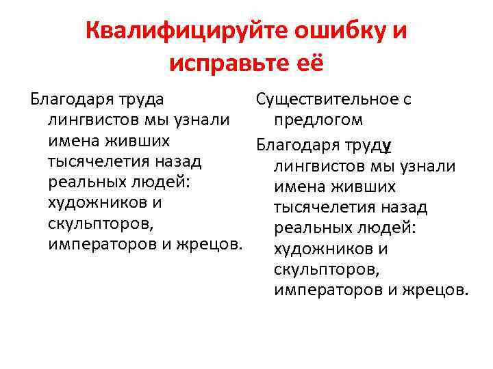 Квалифицируйте ошибку и исправьте её Благодаря труда Существительное с лингвистов мы узнали предлогом имена