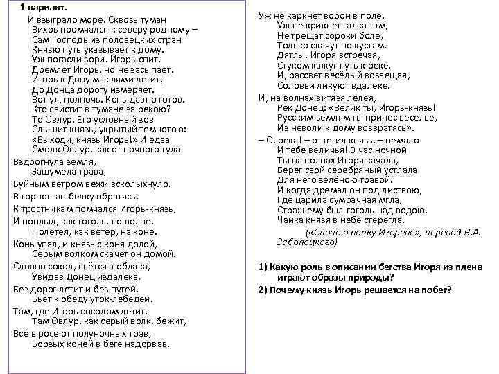  1 вариант. И взыграло море. Сквозь туман Вихрь промчался к северу родному –