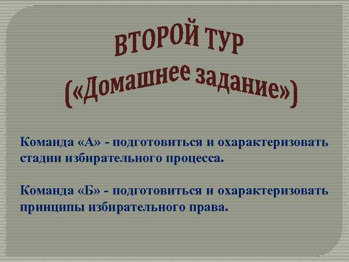 Команда «А» - подготовиться и охарактеризовать стадии избирательного процесса. Команда «Б» - подготовиться и