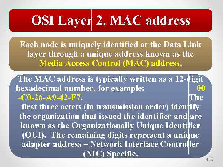 OSI Layer 2. MAC address Each node is uniquely identified at the Data Link