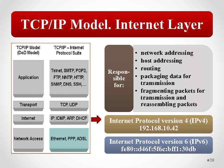 TCP/IP Model. Internet Layer • • • Respon • sible for: • network addressing