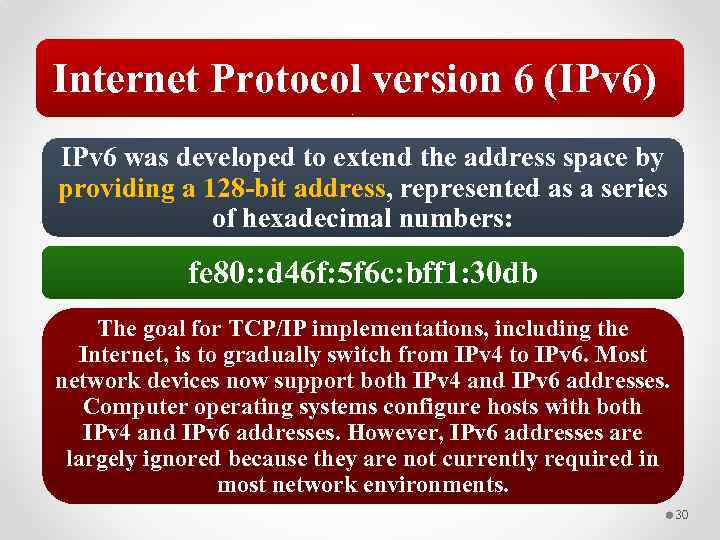 Internet Protocol version 6 (IPv 6) IPv 6 was developed to extend the address