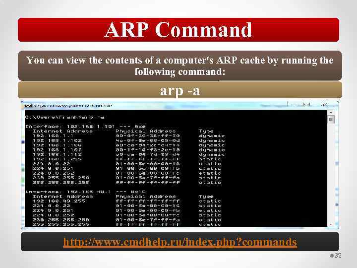 ARP Command You can view the contents of a computerʹs ARP cache by running