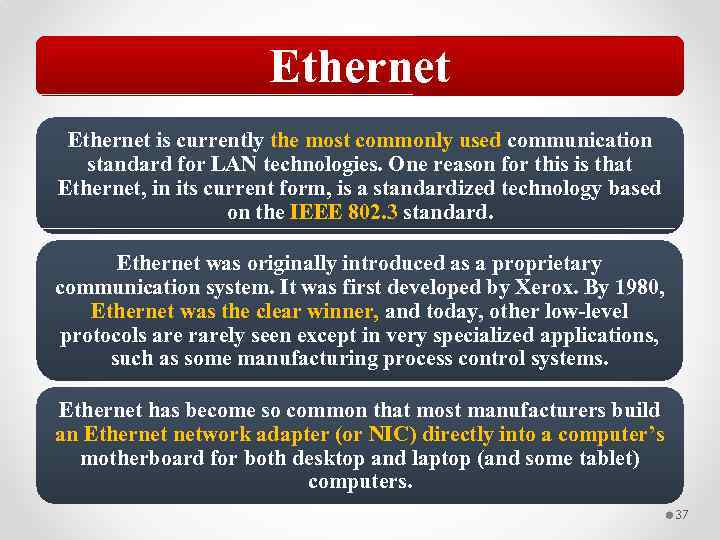 Ethernet is currently the most commonly used communication standard for LAN technologies. One reason