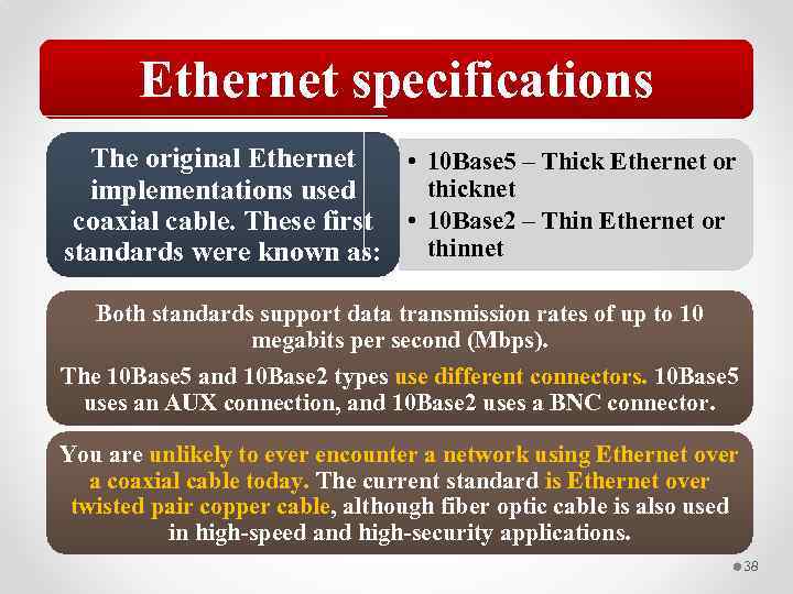 Ethernet specifications The original Ethernet • 10 Base 5 – Thick Ethernet or thicknet