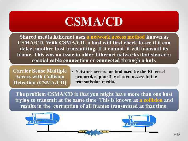 CSMA/CD Shared media Ethernet uses a network access method known as CSMA/CD. With CSMA/CD,