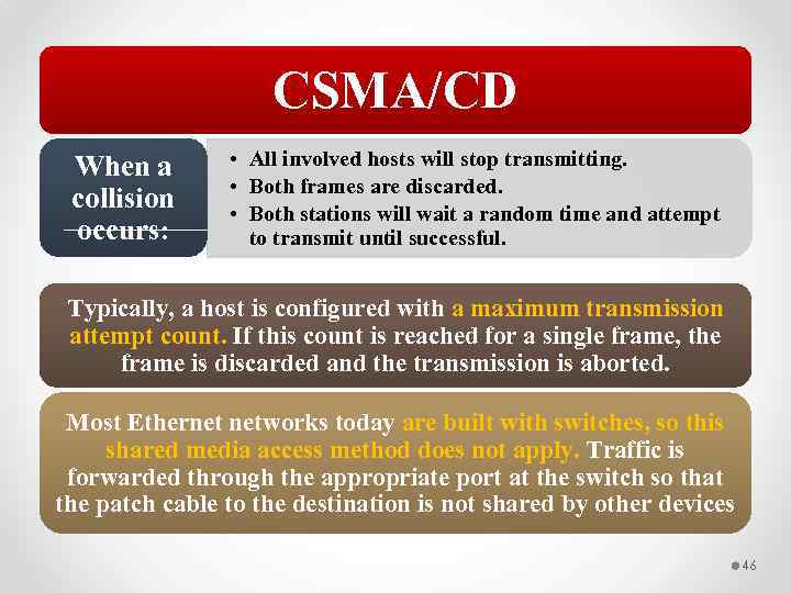 CSMA/CD When a collision occurs: • All involved hosts will stop transmitting. • Both