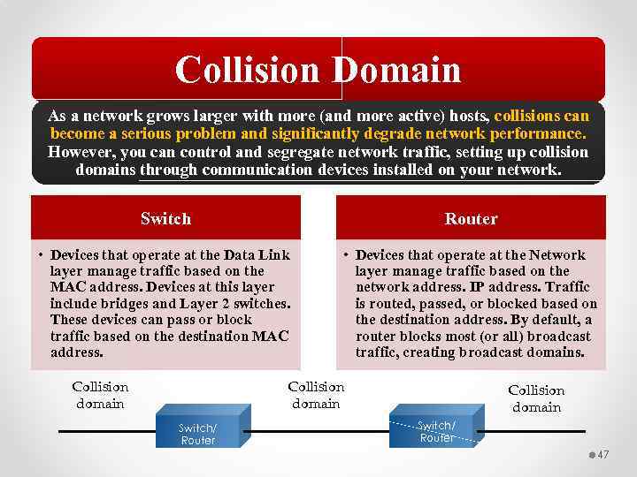 Collision Domain As a network grows larger with more (and more active) hosts, collisions