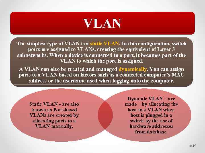 VLAN The simplest type of VLAN is a static VLAN. In this configuration, switch