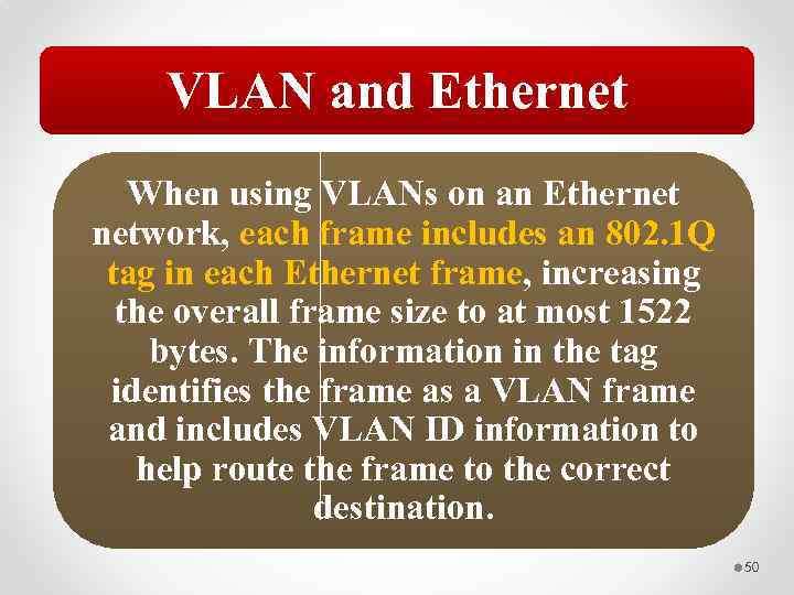 VLAN and Ethernet When using VLANs on an Ethernet network, each frame includes an