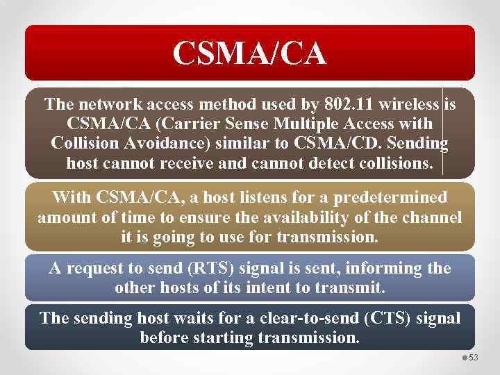 CSMA/CA The network access method used by 802. 11 wireless is CSMA/CA (Carrier Sense