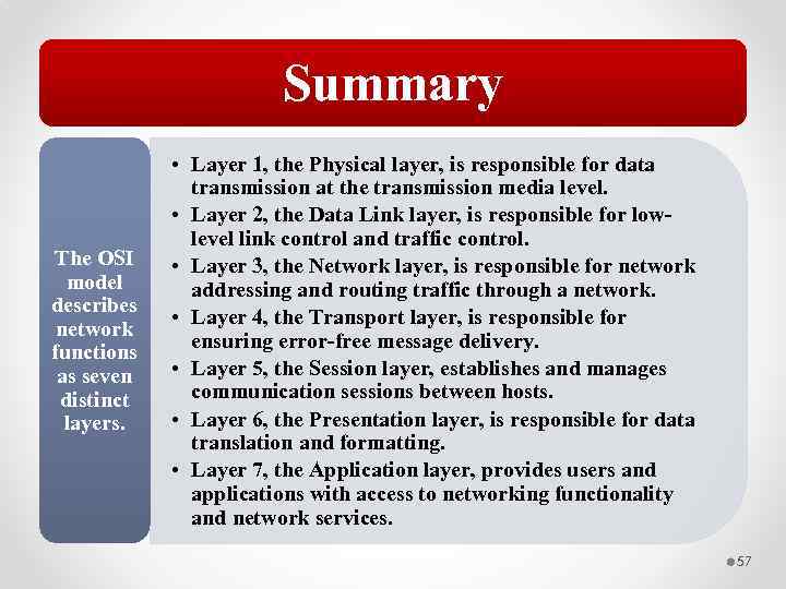 Summary The OSI model describes network functions as seven distinct layers. • Layer 1,