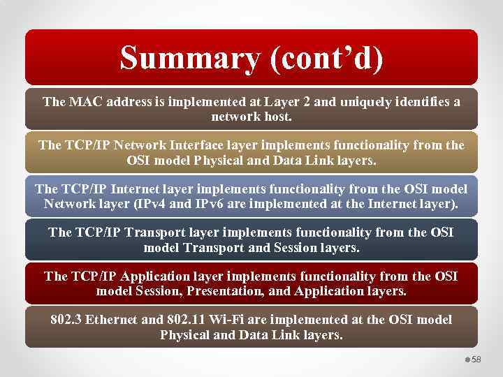 Summary (cont’d) The MAC address is implemented at Layer 2 and uniquely identifies a