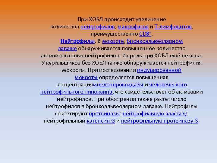 При ХОБЛ происходит увеличение количества нейтрофилов, макрофагов и Т-лимфоцитов, преимущественно CD 8+. Нейтрофилы. В