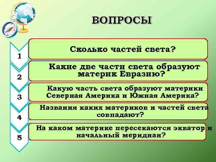 ВОПРОСЫ 1 • Шесть Сколько частей света? 2 Какие две части света образуют •