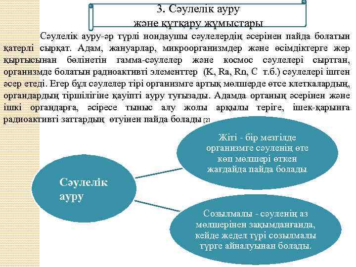 3. Сәулелік ауру және құтқару жұмыстары Сәулелік ауру-әр түрлі иондаушы сәулелердің әсерінен пайда болатын