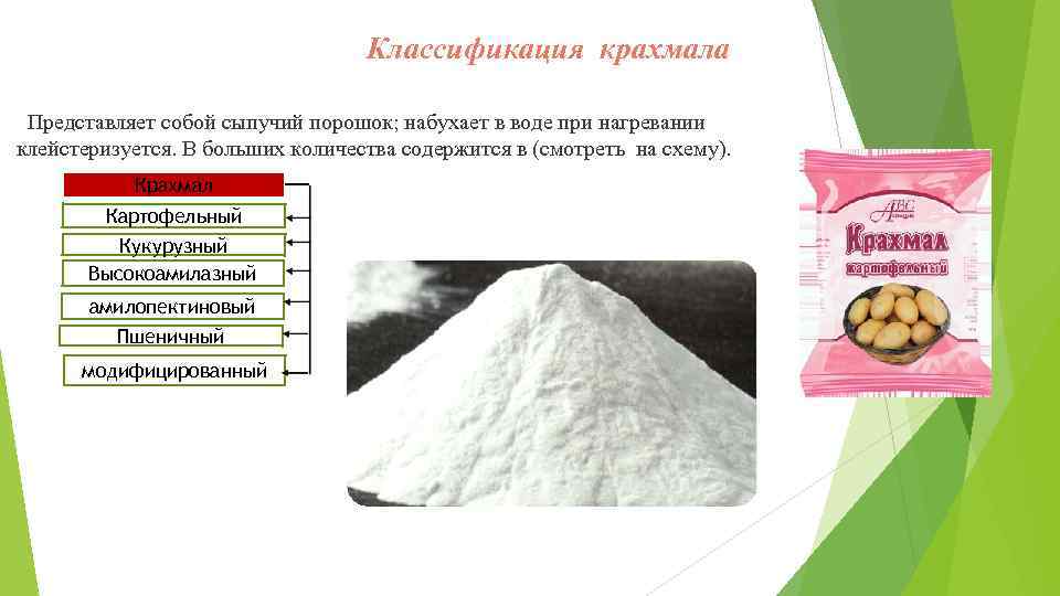 Классификация крахмала Представляет собой сыпучий порошок; набухает в воде при нагревании клейстеризуется. В больших