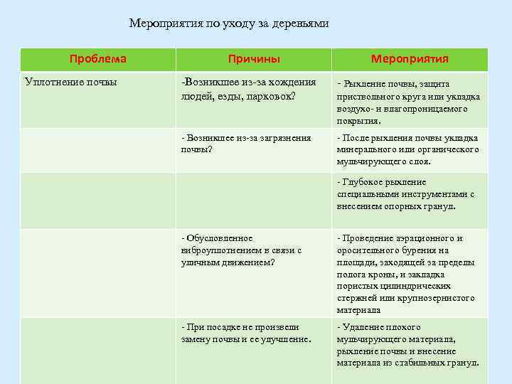 Мероприятия по уходу за деревьями Проблема Уплотнение почвы Причины Мероприятия Возникшее из за хождения