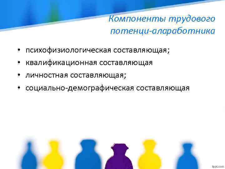 Компоненты трудового потенци алаработника • • психофизиологическая составляющая; квалификационная составляющая личностная составляющая; социально демографическая