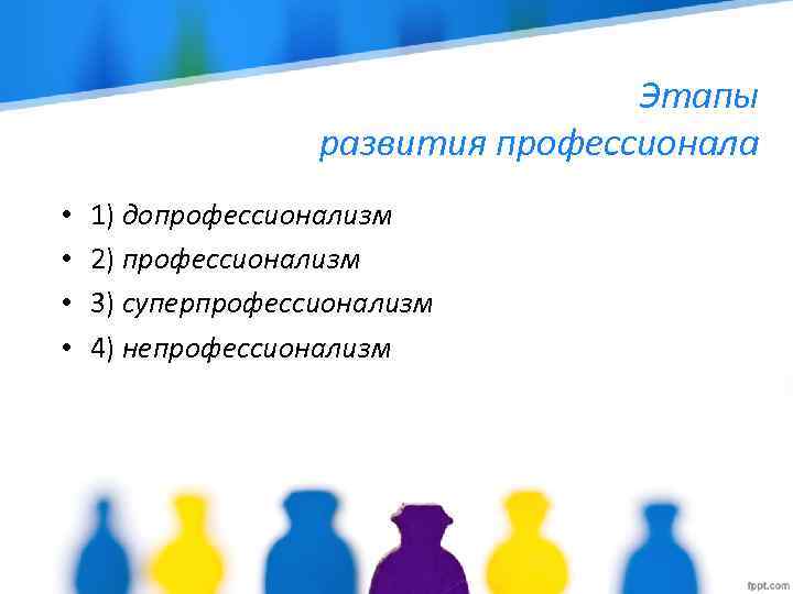 Этапы развития профессионала • • 1) допрофессионализм 2) профессионализм 3) суперпрофессионализм 4) непрофессионализм 