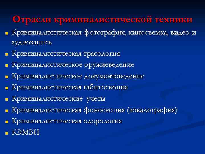 Отрасли криминалистической техники ■ ■ ■ ■ ■ Криминалистическая фотография, киносъемка, видео-и аудиозапись Криминалистическая