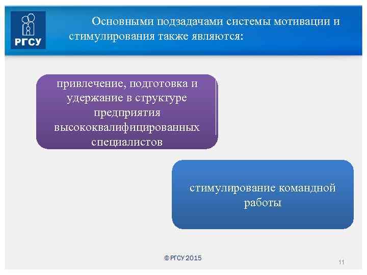 Основными подзадачами системы мотивации и стимулирования также являются: привлечение, подготовка и удержание в структуре