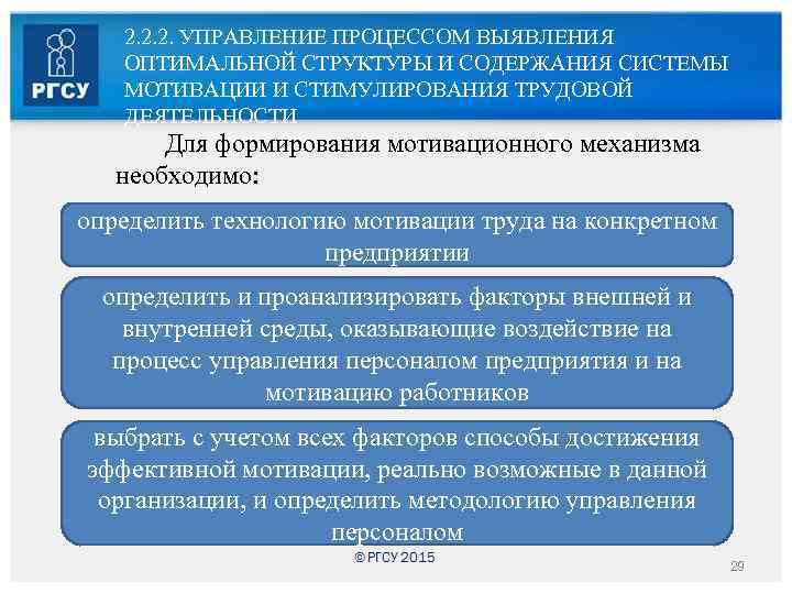 2. 2. 2. УПРАВЛЕНИЕ ПРОЦЕССОМ ВЫЯВЛЕНИЯ ОПТИМАЛЬНОЙ СТРУКТУРЫ И СОДЕРЖАНИЯ СИСТЕМЫ МОТИВАЦИИ И СТИМУЛИРОВАНИЯ