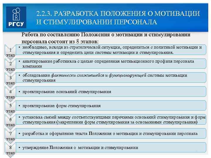 2. 2. 3. РАЗРАБОТКА ПОЛОЖЕНИЯ О МОТИВАЦИИ И СТИМУЛИРОВАНИИ ПЕРСОНАЛА Работа по составлению Положения