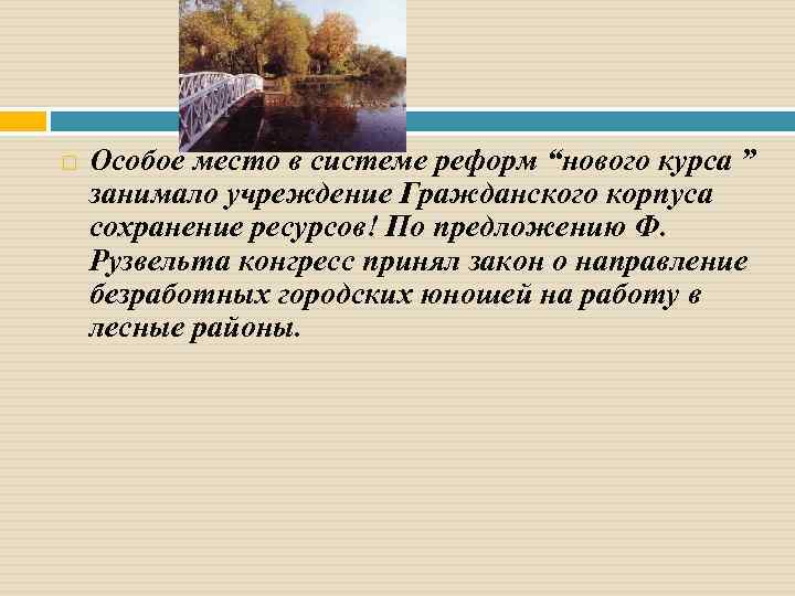  Особое место в системе реформ “нового курса ” занимало учреждение Гражданского корпуса сохранение