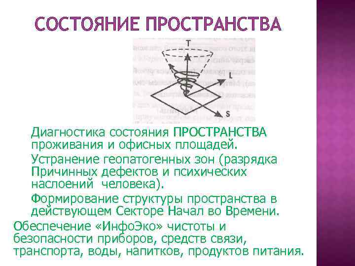 СОСТОЯНИЕ ПРОСТРАНСТВА Диагностика состояния ПРОСТРАНСТВА проживания и офисных площадей. Устранение геопатогенных зон (разрядка Причинных