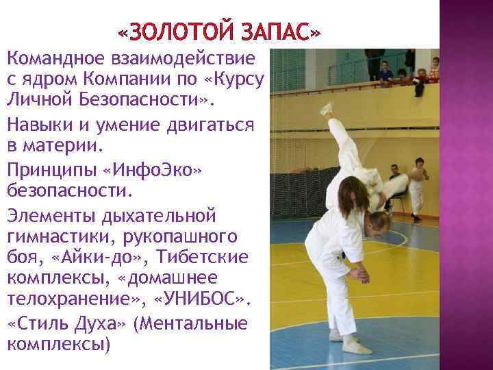  «ЗОЛОТОЙ ЗАПАС» Командное взаимодействие с ядром Компании по «Курсу Личной Безопасности» . Навыки