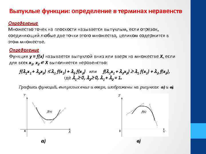 Выпуклые функции: определение в терминах неравенств Определение Множество точек на плоскости называется выпуклым, если