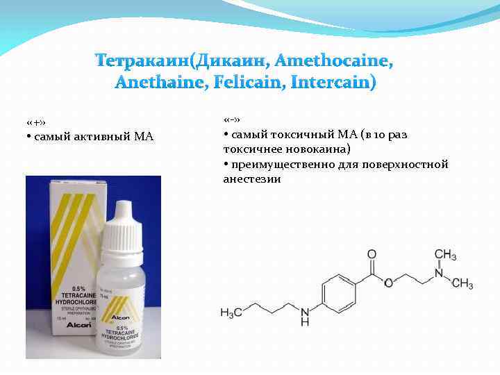 Тетракаин(Дикаин, Amethocaine, Anethaine, Felicain, Intercain) «+» • самый активный МА «-» • самый токсичный