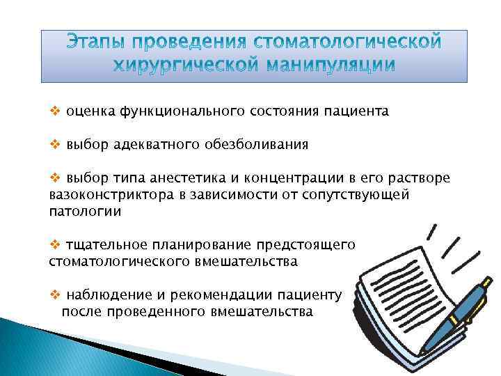 v оценка функционального состояния пациента v выбор адекватного обезболивания v выбор типа анестетика и