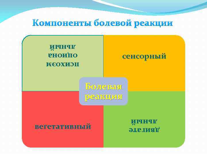 Компоненты болевой реакции психоэм оциона льный сенсорный Болевая реакция двигате льный вегетативный 