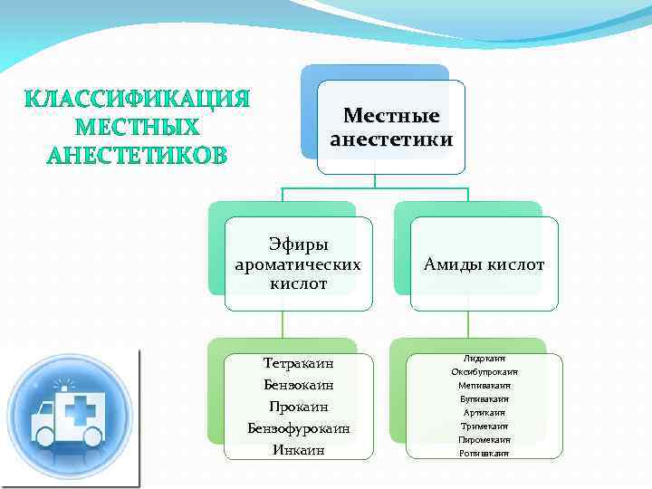 Местные анестетики Эфиры ароматических кислот Тетракаин Бензокаин Прокаин Бензофурокаин Инкаин Амиды кислот Лидокаин Оксибупрокаин