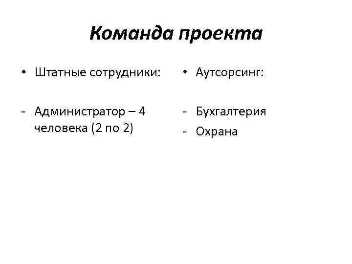 Команда проекта • Штатные сотрудники: • Аутсорсинг: - Администратор – 4 человека (2 по