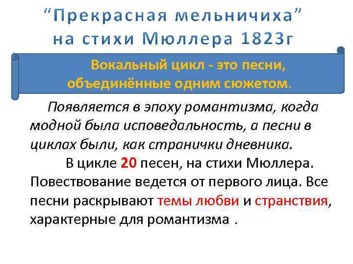 Прекрасная мельничиха песни. Вокальный цикл это. Вокальный цикл это в Музыке определение. Вокальный цикл примеры. Примеры вокальных циклов в Музыке.