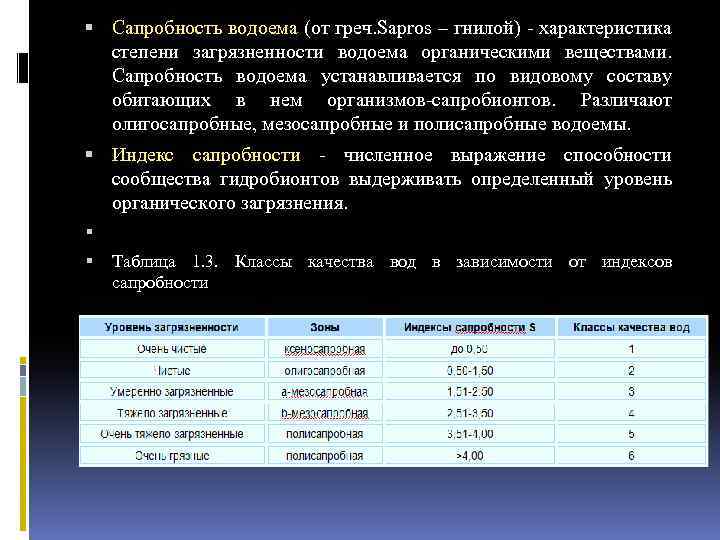  Сапробность водоема (от греч. Sapros – гнилой) характеристика степени загрязненности водоема органическими веществами.