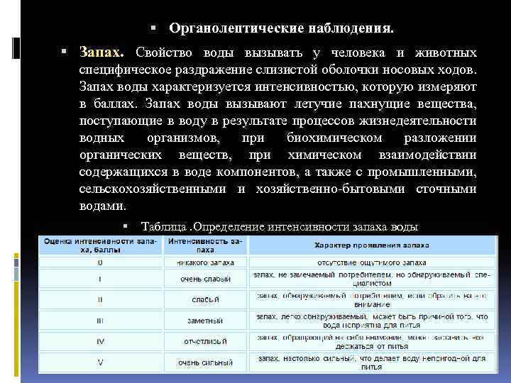  Органолептические наблюдения. Запах. Свойство воды вызывать у человека и животных специфическое раздражение слизистой