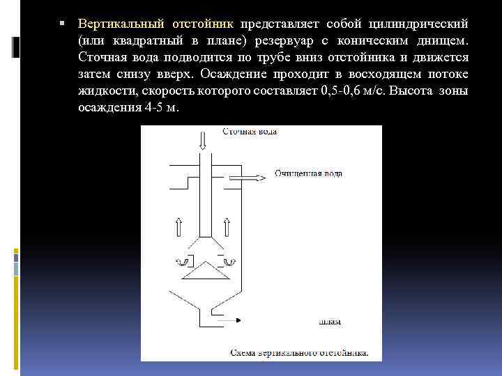  Вертикальный отстойник представляет собой цилиндрический (или квадратный в плане) резервуар с коническим днищем.