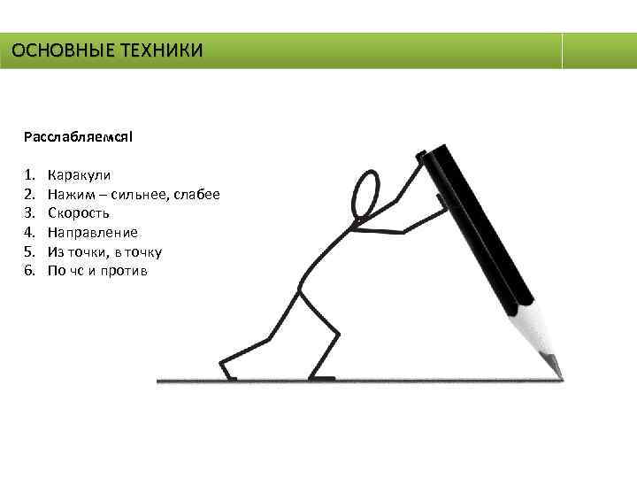 ОСНОВНЫЕ ТЕХНИКИ Расслабляемся! 1. 2. 3. 4. 5. 6. Каракули Нажим – сильнее, слабее