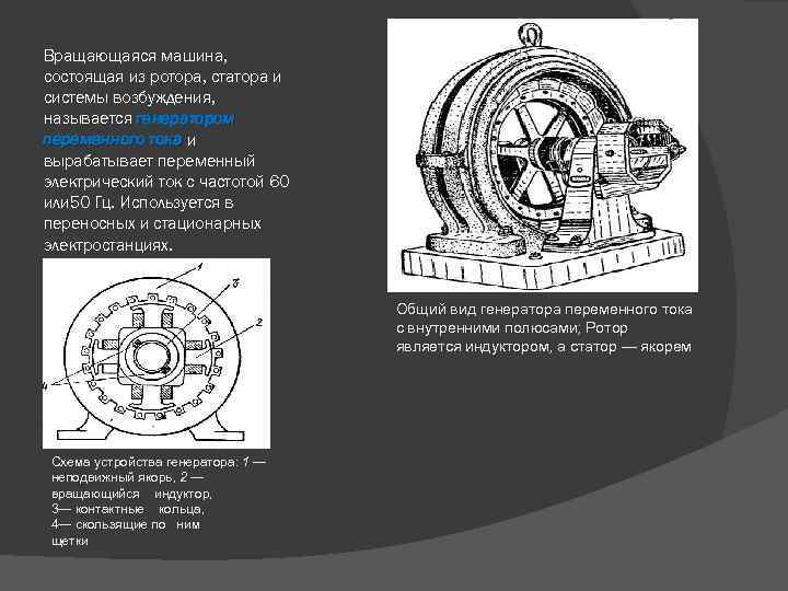 Вращающаяся машина, состоящая из ротора, статора и системы возбуждения, называется генератором переменного тока и