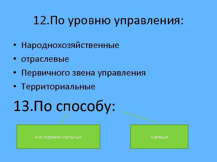 12. По уровню управления: • • Народнохозяйственные отраслевые Первичного звена управления Территориальные 13. По