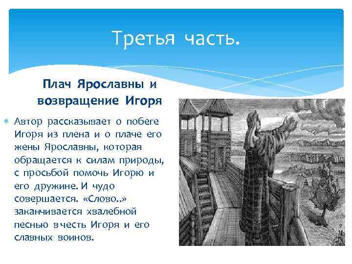 Третья часть. Плач Ярославны и возвращение Игоря Автор рассказывает о побеге Игоря из плена