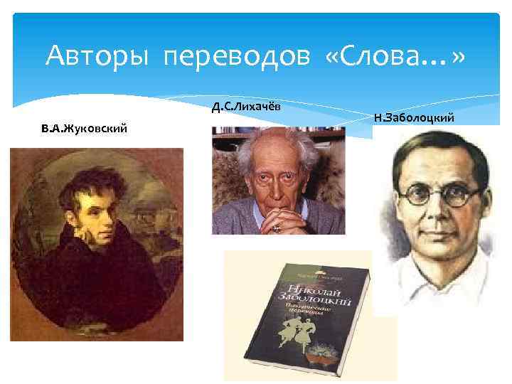 Авторы переводов «Слова…» Д. С. Лихачёв В. А. Жуковский Н. Заболоцкий 